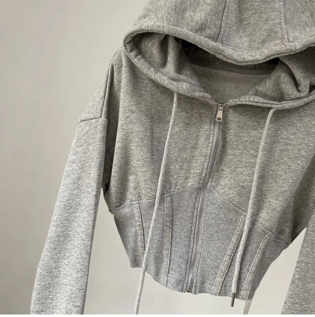 Hooded hoodie women's ultra short waist cinched open top jacket with exposed navel