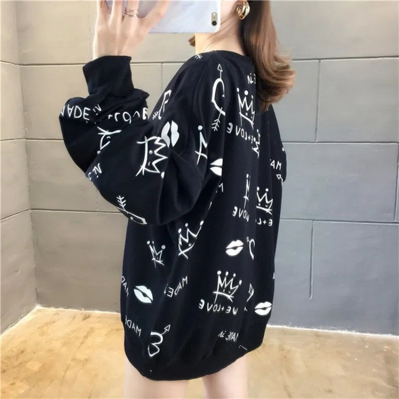 Women's Sweatshirts Black Youthful Clothes Emo Sport Korean Streetwear Y2k Japanese New In Plus Size Female Pullover Top Graphic