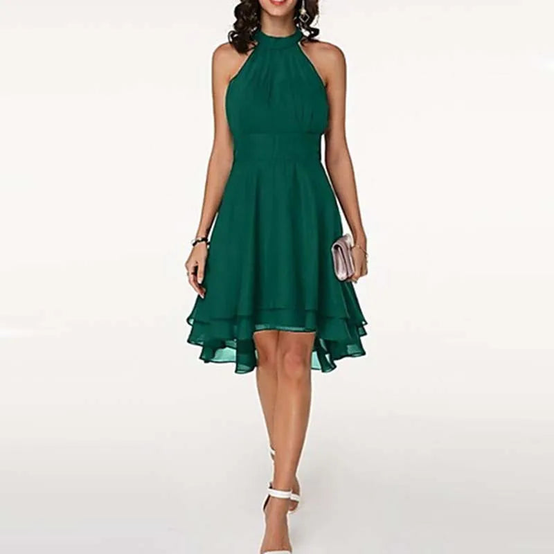 Women Elegant Dress Summer Solid High Waist Halter Sleeveless Midi Dresses Ladies Cropped Layered Chiffon Party Slim Dresses