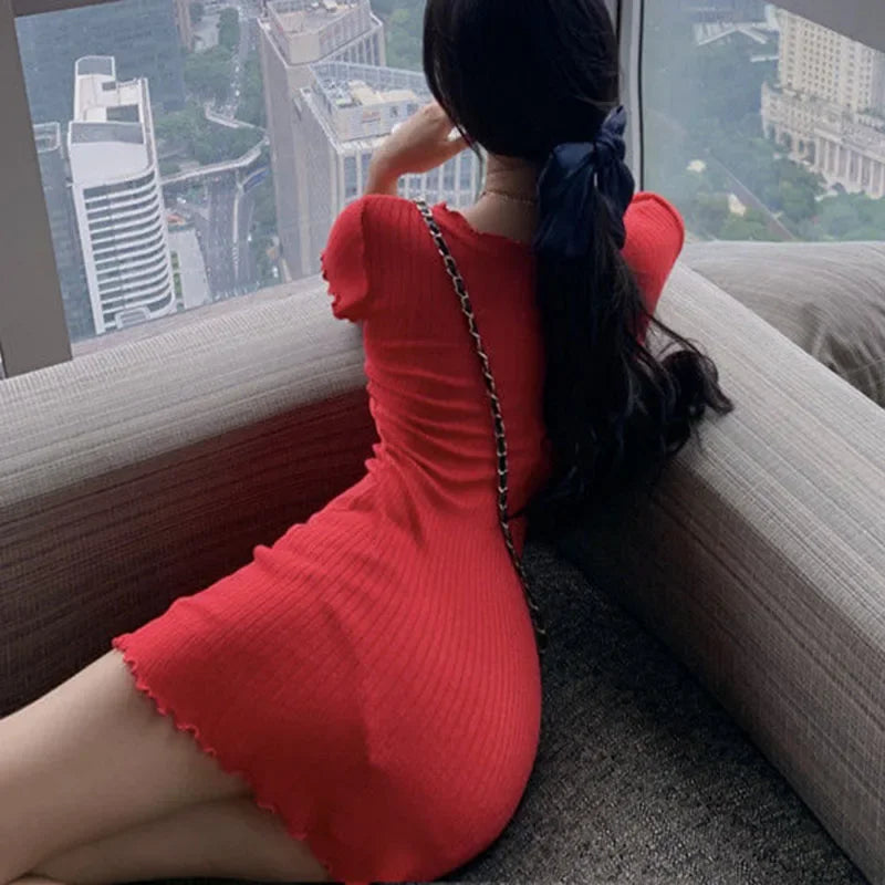 French Sexy Skinny Dress for Woman 2023 Summer V-Neck Button Design Blue Short Sleeve Dresses Women Sweet Holiday Bag Hip Dress