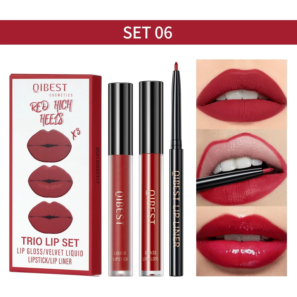 3pcs Lip Makeup Sets Lip Gloss Glaze Tint Long-lasting Matte Liquid Lipstick Waterproof Sweatproof Lip Liner Pencil Contour Kits