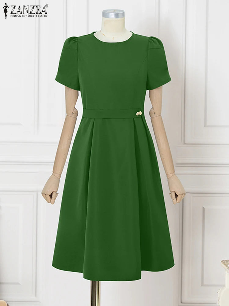 ZANZEA Office Women Dresses 2025 Fashion Summer Dress Elegant O Neck Short Sleeve Work Midi Vestido Stylish Solid Party Sundress
