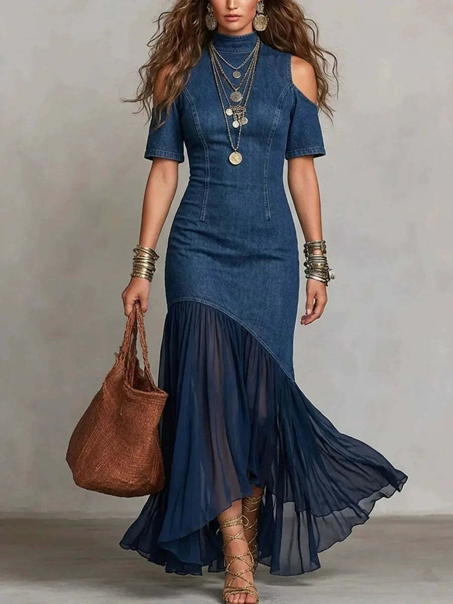 Women Elegant Denim Dress Short Sleeves Mock Neck Splicing Chiffon Pleated Dress Off-shoulder Vintage Casual Slim Long Dress