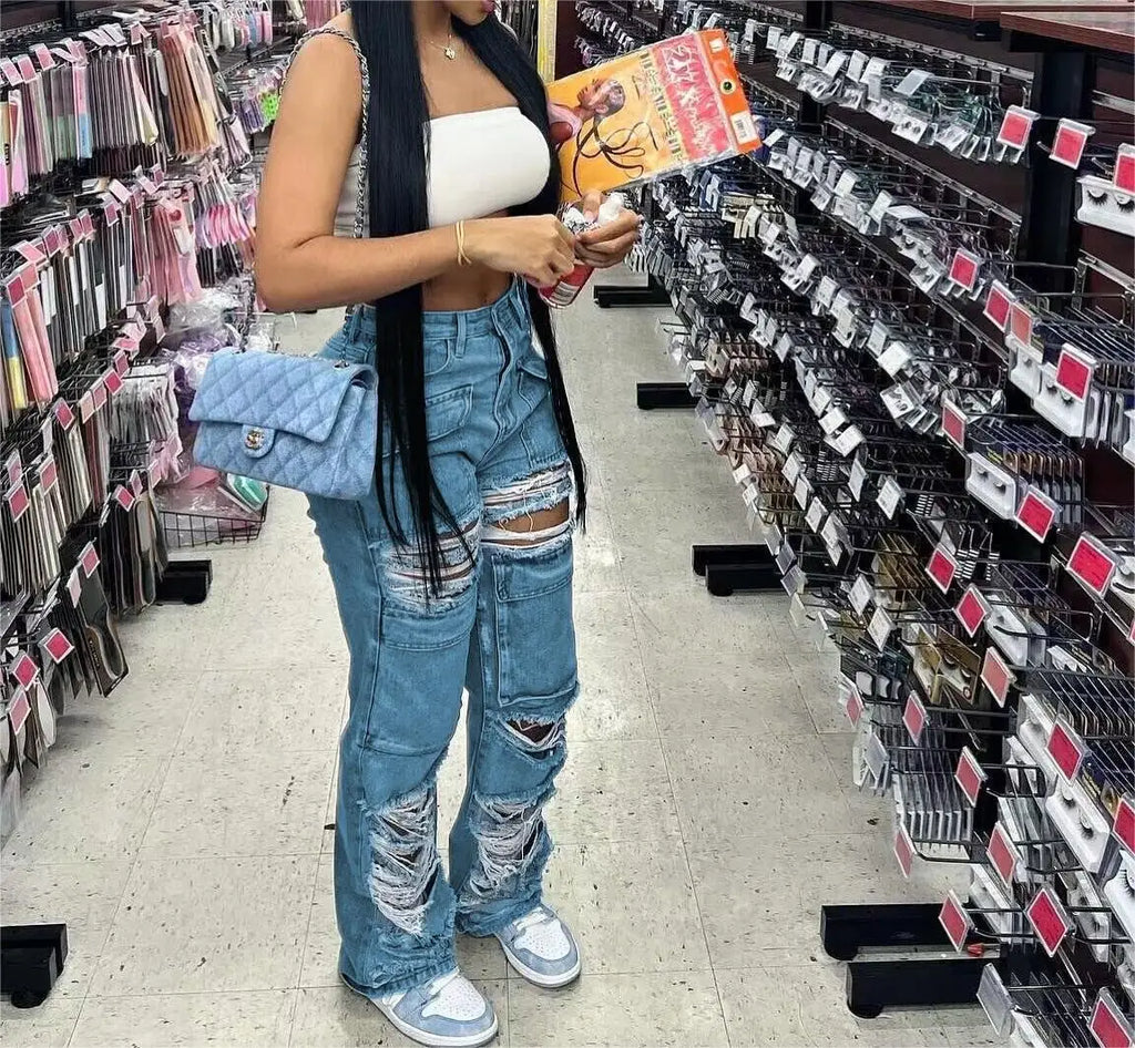 Women Jeans Denim Patchwork Straight Pants Holes Distressed Pockets Washing High Street Low Waist Zipper Fly Flat Winter