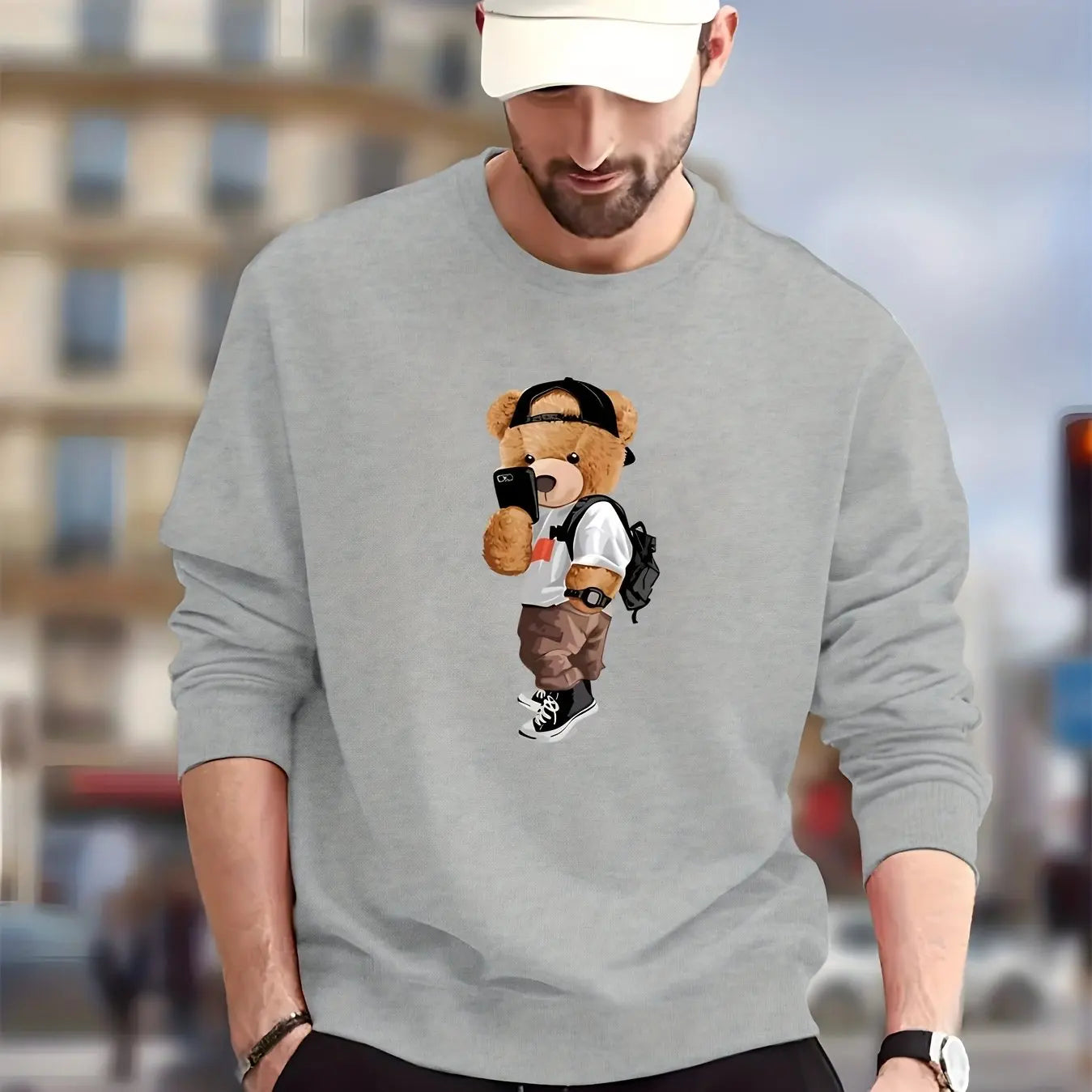 Men's Stylish Teddy Bear Print Sweatshirt - Casual Graphic Design Crew Neck Pullover for Autumn/Winter