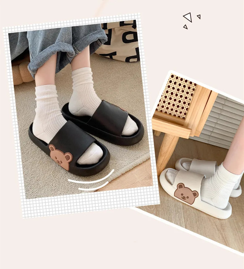 Summer Men Slippers Indoor Women Bathroom Soft Sole Non-slip Slides Home Cartoon Bear Flip Flops Beach Sandals Ladies Shoes