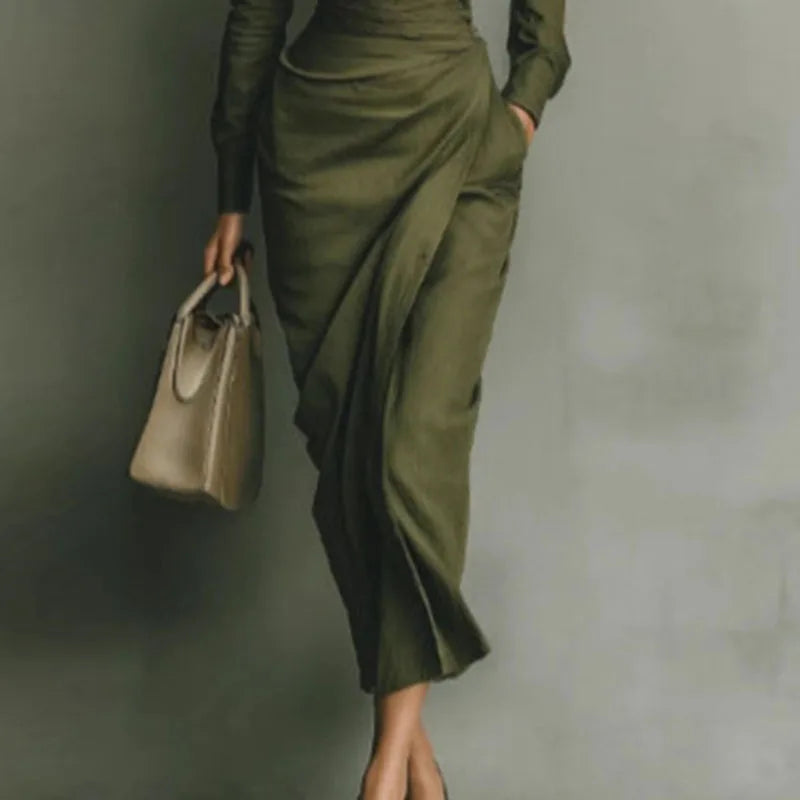 Elegant Dresses Woman Spring Polo Collar Button High Waist Slim Bodycon Dress Autumn Long Sleeve Solid Office Lady Dress Vestido