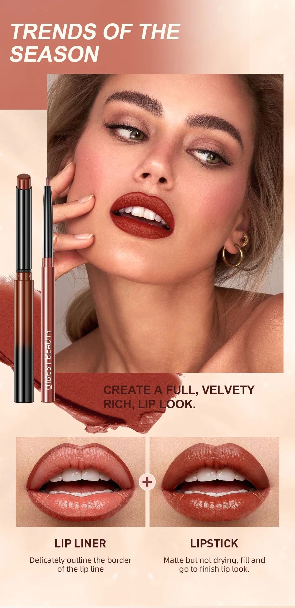 2pcs Lipstick Lipliner Pen Set Matte Velvet Lip Liner Pencil Contour Makeup Sexy Red Lip Stick Long Lasting Cosmetics
