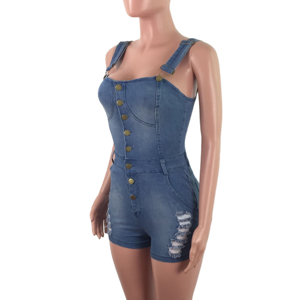 Womens' Jumpsuits Cropped Pants Fit Sleeveless Overalls Casual Streetwear Denim Pants For Womens Hole Jumpsuits Summer Shorts