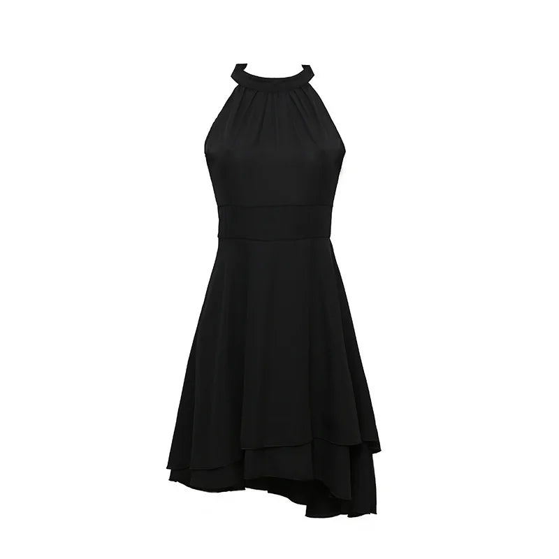 Women Elegant Dress Summer Solid High Waist Halter Sleeveless Midi Dresses Ladies Cropped Layered Chiffon Party Slim Dresses