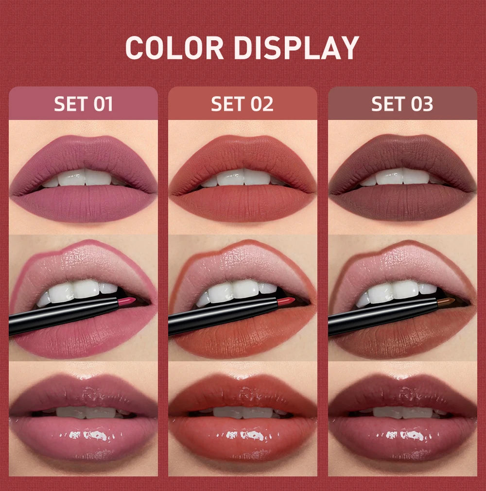 3pcs Lip Makeup Sets Lip Gloss Glaze Tint Long-lasting Matte Liquid Lipstick Waterproof Sweatproof Lip Liner Pencil Contour Kits