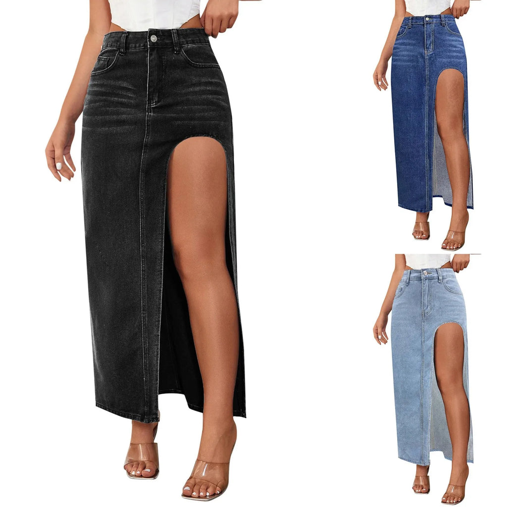 Fashion Design Women High Slit Long Skirt Spring Summer Washed Mid Length Skirt High Waist Denim Skirt Aesthetics Sexy Clothes