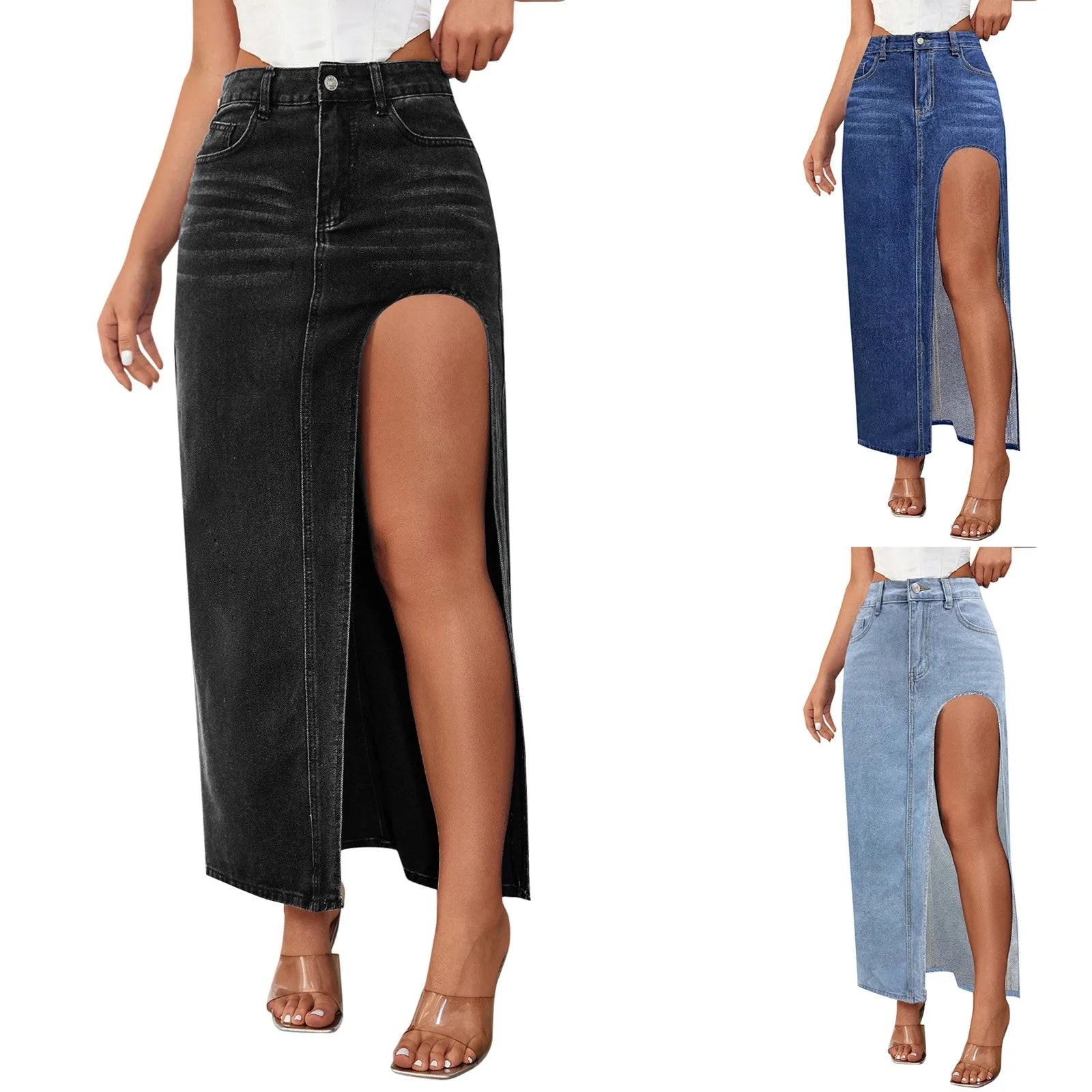 Fashion Design Women High Slit Long Skirt Spring Summer Washed Mid Length Skirt High Waist Denim Skirt Aesthetics Sexy Clothes