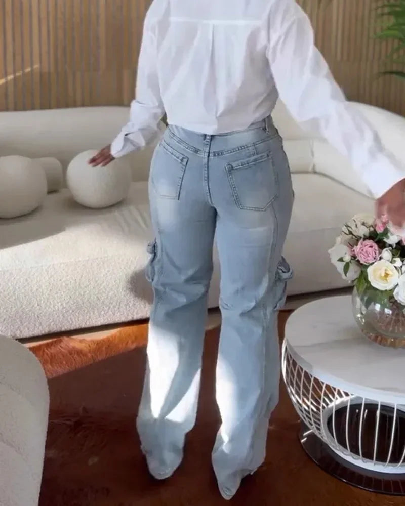 Women Cutout Diamonds Crystal Hollow Out Straight Denim Pants 2024 Fall Multi Pocket High Waist Wide Leg Jeans Trousers