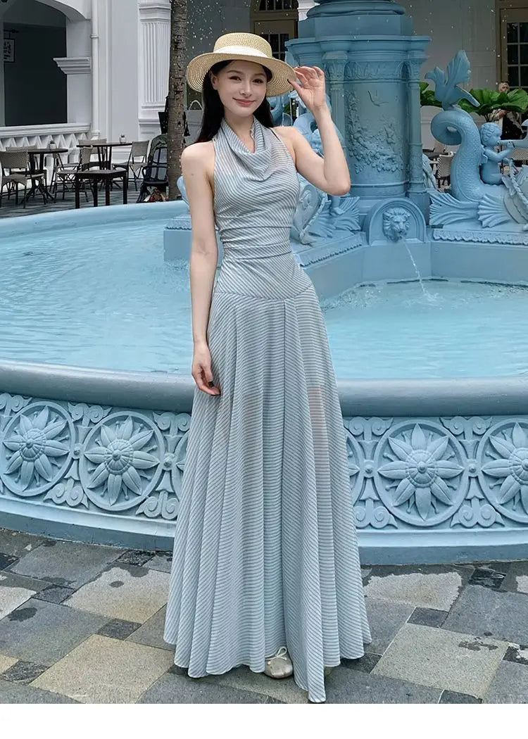 French Holiday Style Blue-green Striped Chiffon Waist-cinching Long Halter Neck Dress for Women, New Summer 2026