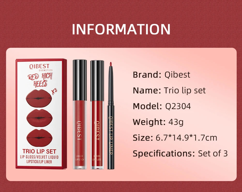 3pcs Lip Makeup Sets Lip Gloss Glaze Tint Long-lasting Matte Liquid Lipstick Waterproof Sweatproof Lip Liner Pencil Contour Kits