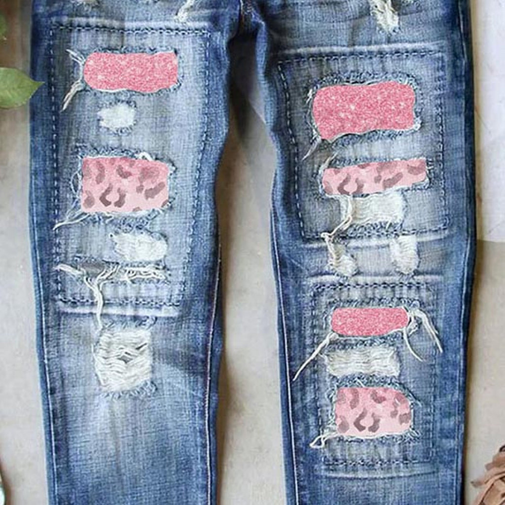 Womens Slim Denim Pants Ripped Jeans Casual Loose Trousers Heart Print Ripped Y2k Slim Fit Distressed Stretch Jeans Pantalones