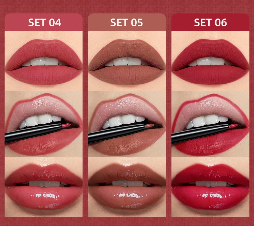 3pcs Lip Makeup Sets Lip Gloss Glaze Tint Long-lasting Matte Liquid Lipstick Waterproof Sweatproof Lip Liner Pencil Contour Kits