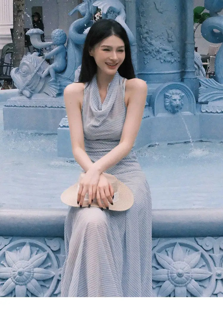French Holiday Style Blue-green Striped Chiffon Waist-cinching Long Halter Neck Dress for Women, New Summer 2026