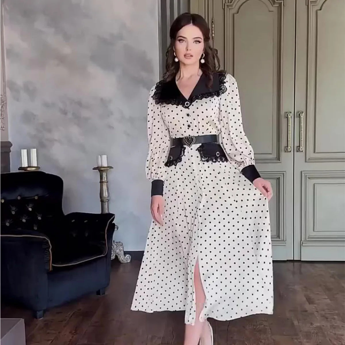 Fashion Print Office Women Dresses 2024 Elegant Doll Collar Long Sleeve Midi Dress Casual Single Breasting Female Dress