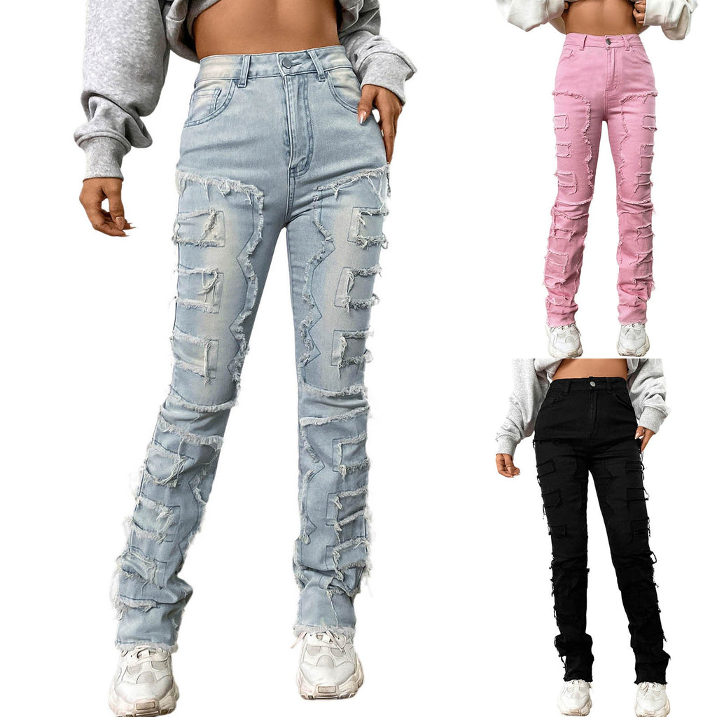 Vintage Y2k High Waisted Jeans Stretch Patch Denim Stacked Straight Leg Embroidered Straight Leg Pants Baggy Jeans For Women