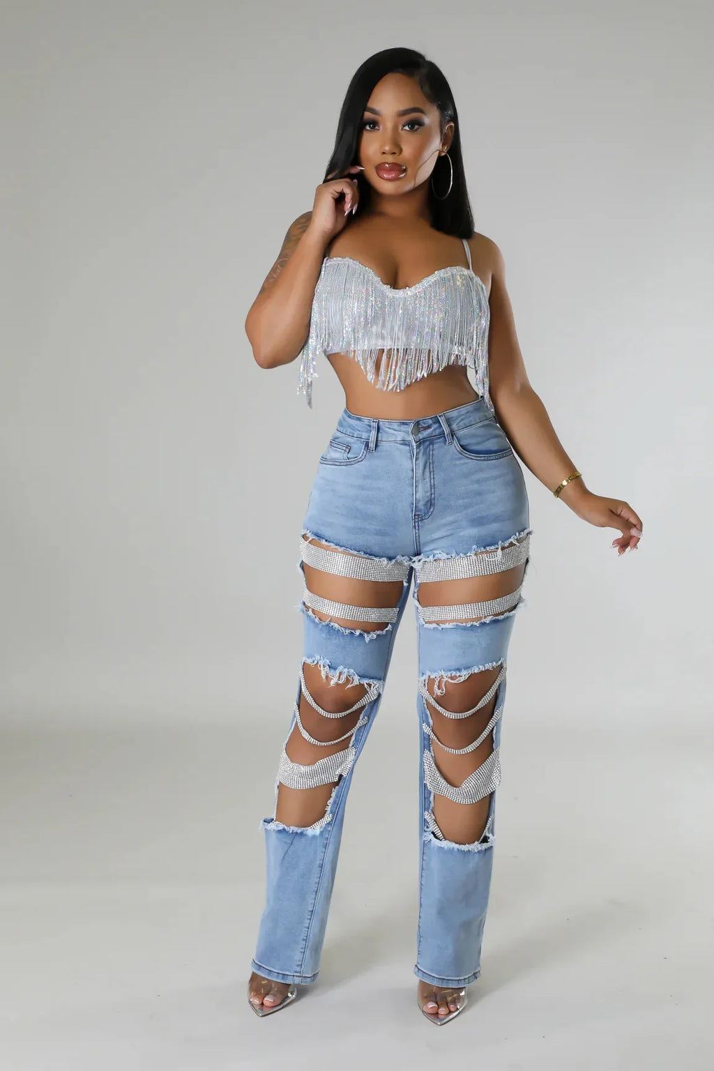 Women Fashion Pearl Beading Ripped Hollow Out Tassel Wide Leg Jeans 2026 New Summer INS Street Denim Pants Trousers
