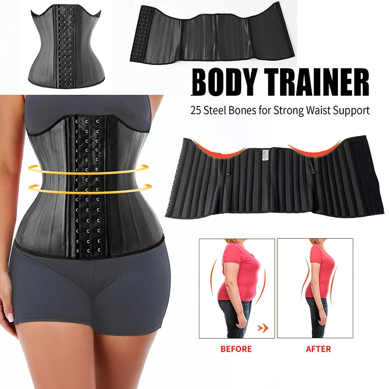 25 Steel Bones Latex Waist Trainer Corset Shapewear Slimming Belly Women Body Shaper Modeling Strap Reductive Girdle