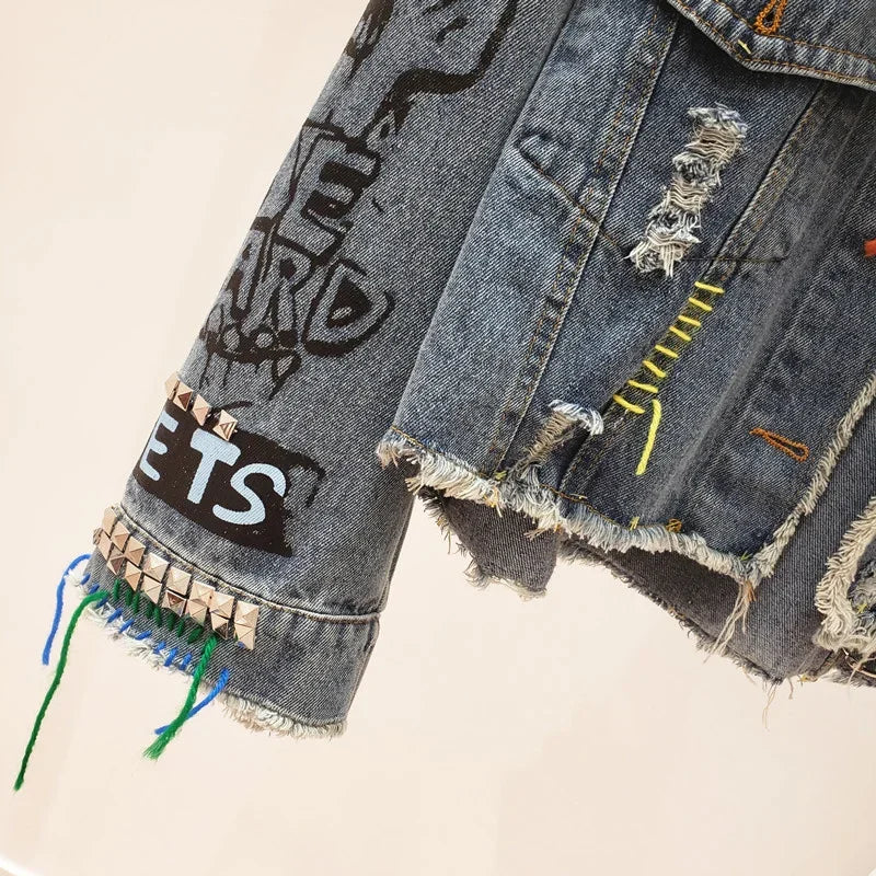2026 Spring Autumn Women Street Fashion Graffiti Denim Jacket Female Short Frayed Raw Cut Rivet Jacket Fringe Jean Coat Outwear