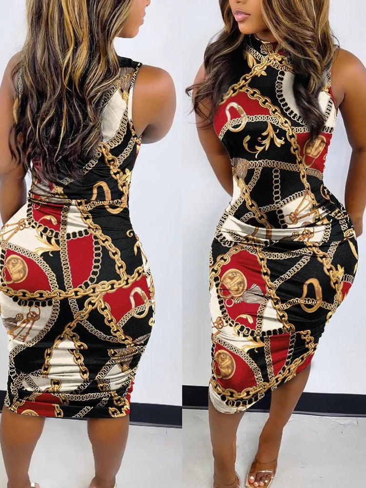 Elegant Women's Round Neck Bodycon Midi Dress Summer Fashion Printed Sleeveless Slim Fit Pullover Nightclub Party Dresses