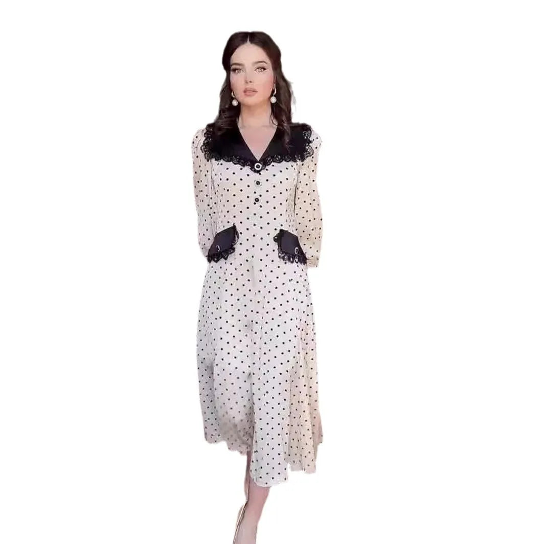Fashion Print Office Women Dresses 2024 Elegant Doll Collar Long Sleeve Midi Dress Casual Single Breasting Female Dress