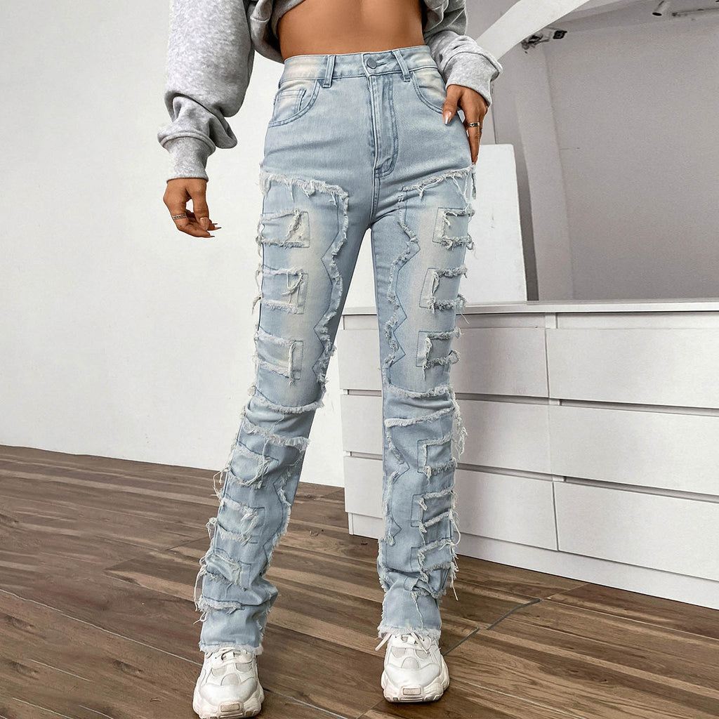 Vintage Y2k High Waisted Jeans Stretch Patch Denim Stacked Straight Leg Embroidered Straight Leg Pants Baggy Jeans For Women