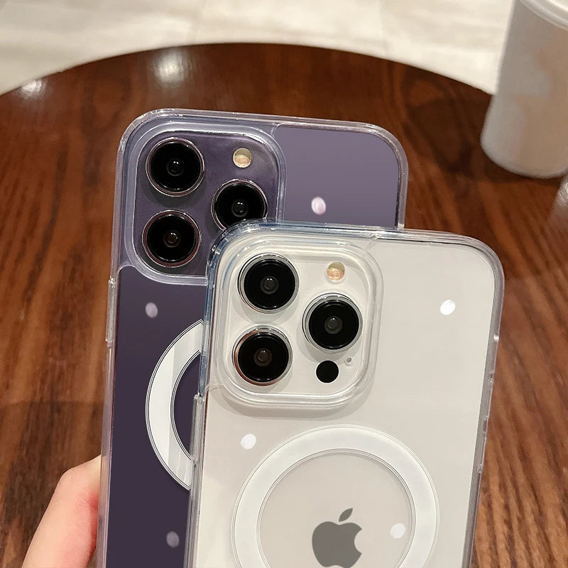 For Magesafe Magnetic Transparent Wireless Charge Case For iPhone 11 12 13 14 15 16 17 Air Pro Max Plus Mini Shockproof PC Cover