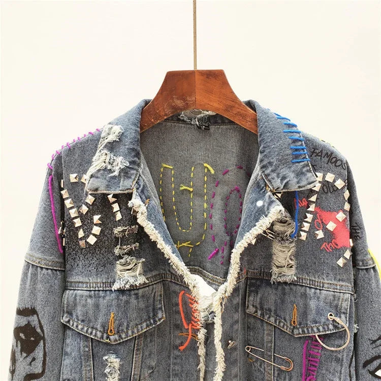 2026 Spring Autumn Women Street Fashion Graffiti Denim Jacket Female Short Frayed Raw Cut Rivet Jacket Fringe Jean Coat Outwear