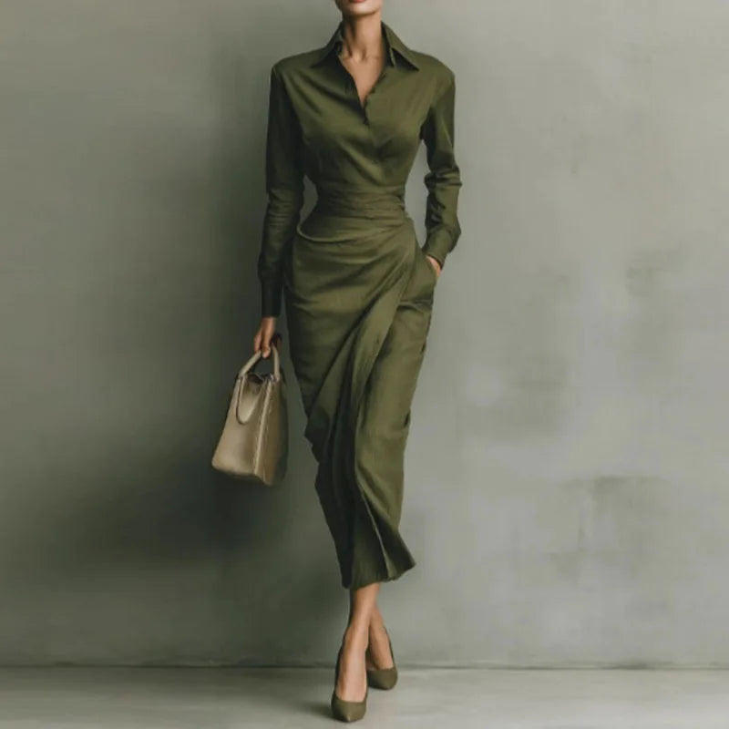Elegant Dresses Woman Spring Polo Collar Button High Waist Slim Bodycon Dress Autumn Long Sleeve Solid Office Lady Dress Vestido
