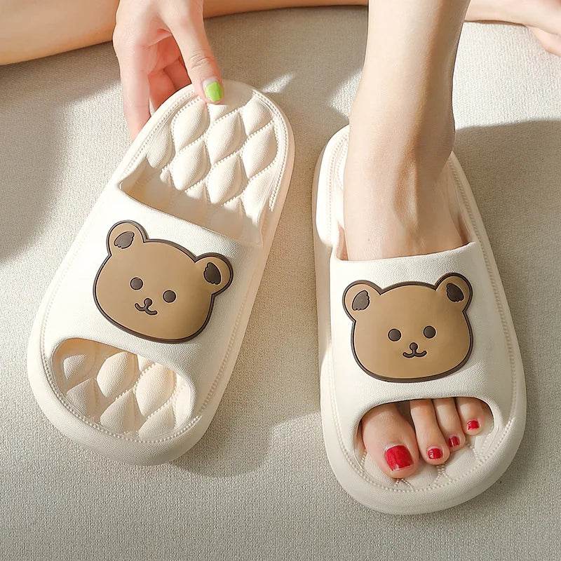 Summer Men Slippers Indoor Women Bathroom Soft Sole Non-slip Slides Home Cartoon Bear Flip Flops Beach Sandals Ladies Shoes