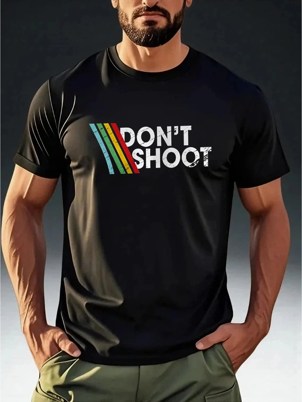 Men's Fashion T-Shirt Short Sleeve DON'T SHOOT Vintage Rainbow Stripe Print Men's T-shirts for Summer
