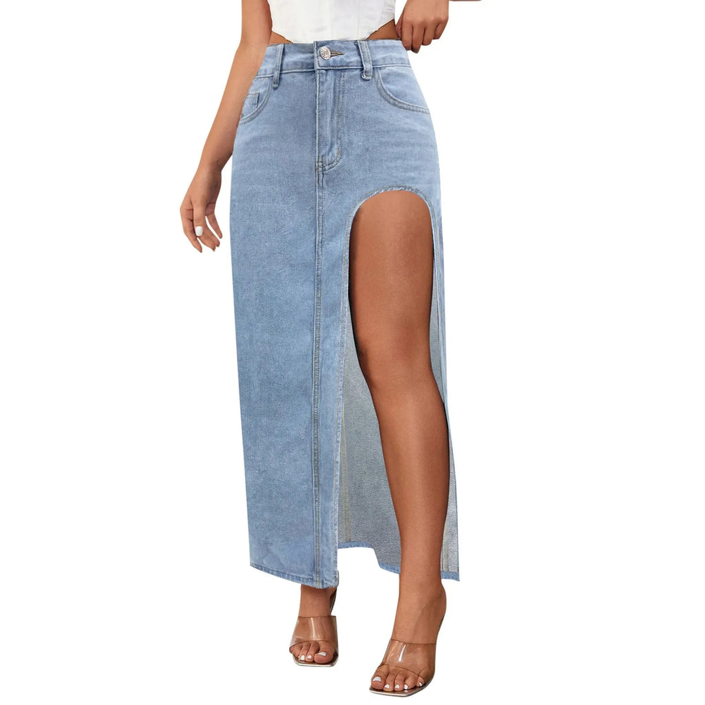 Fashion Design Women High Slit Long Skirt Spring Summer Washed Mid Length Skirt High Waist Denim Skirt Aesthetics Sexy Clothes