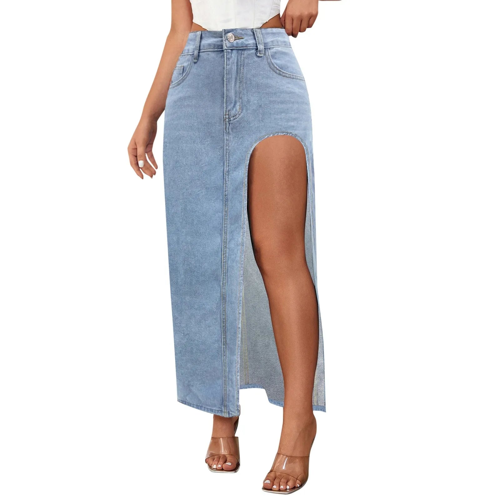 Fashion Design Women High Slit Long Skirt Spring Summer Washed Mid Length Skirt High Waist Denim Skirt Aesthetics Sexy Clothes