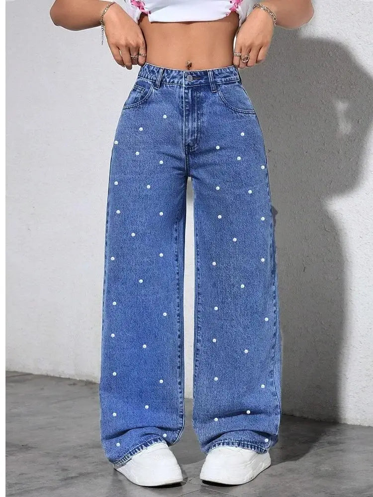 Women High Waist Denim Jeans Ladies Fashion Beading Straight Pants