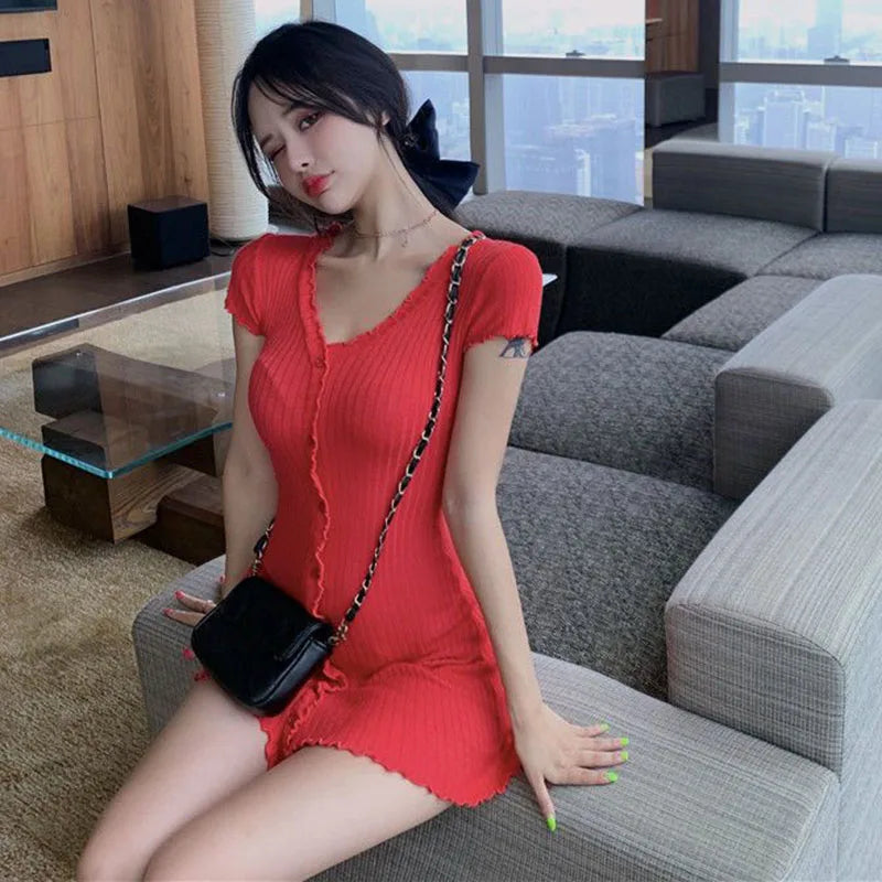 French Sexy Skinny Dress for Woman 2023 Summer V-Neck Button Design Blue Short Sleeve Dresses Women Sweet Holiday Bag Hip Dress