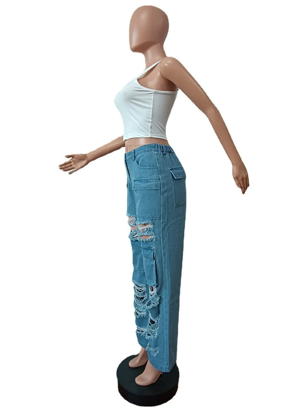 Women Jeans Denim Patchwork Straight Pants Holes Distressed Pockets Washing High Street Low Waist Zipper Fly Flat Winter