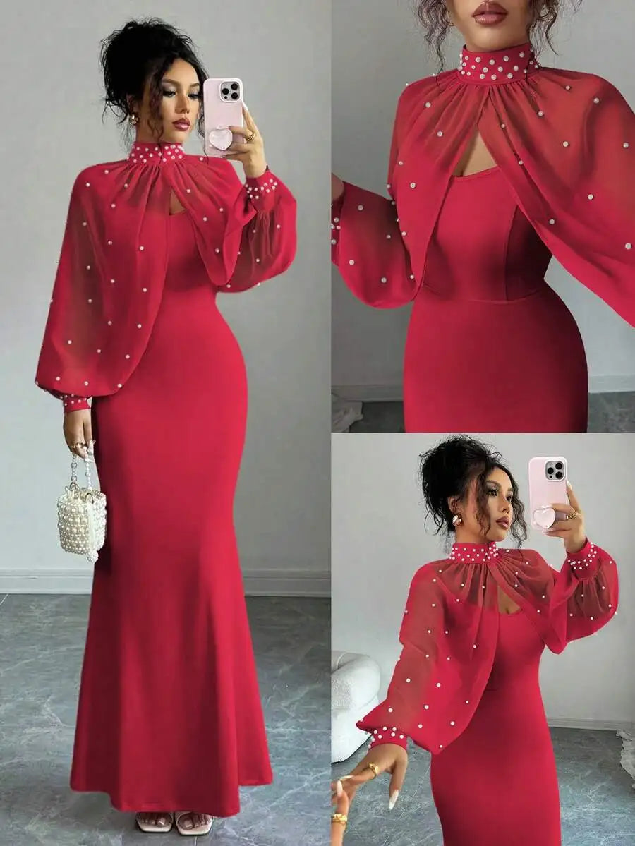 Elegant Pink Mermaid Gown with Beaded Sheer Capelet, Bodycon Slip Dress Set