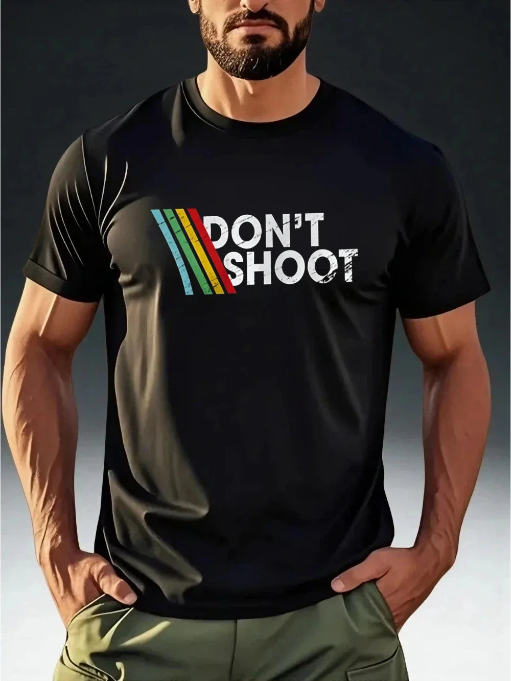 Men's Fashion T-Shirt Short Sleeve DON'T SHOOT Vintage Rainbow Stripe Print Men's T-shirts for Summer