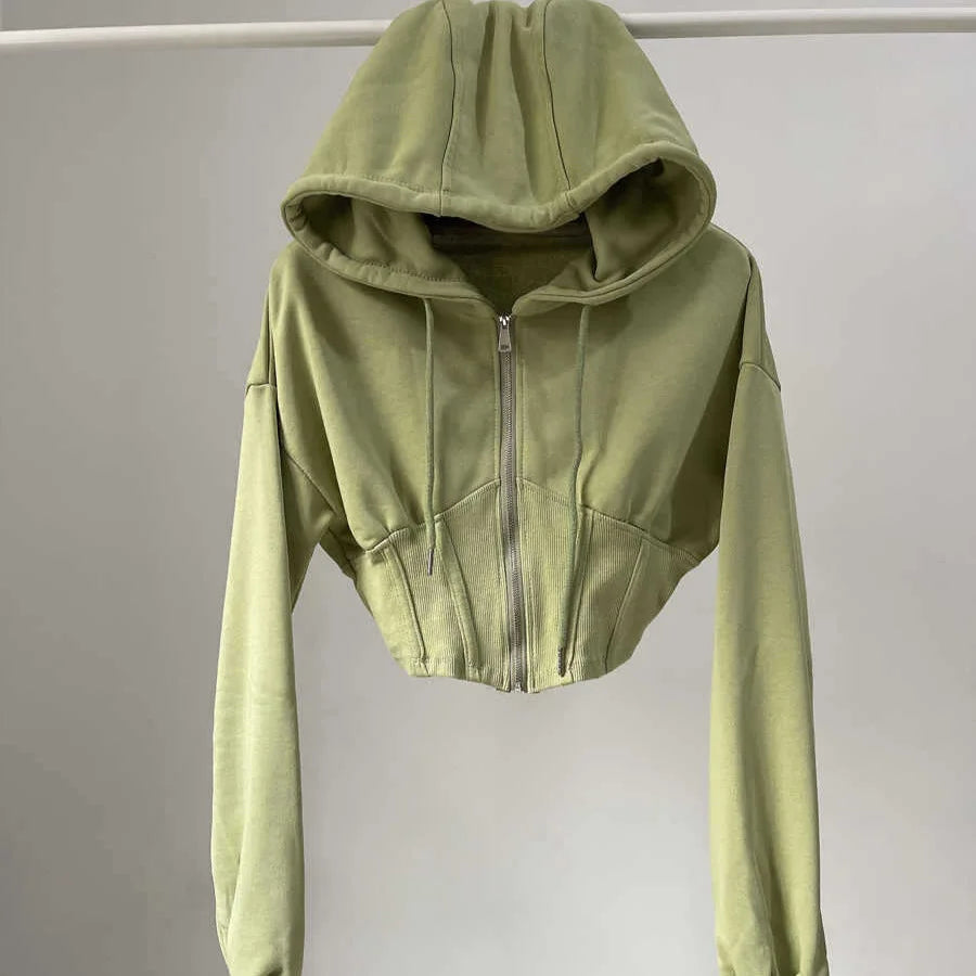Hooded hoodie women's ultra short waist cinched open top jacket with exposed navel