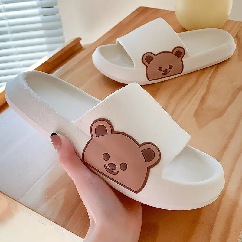 Summer Men Slippers Indoor Women Bathroom Soft Sole Non-slip Slides Home Cartoon Bear Flip Flops Beach Sandals Ladies Shoes