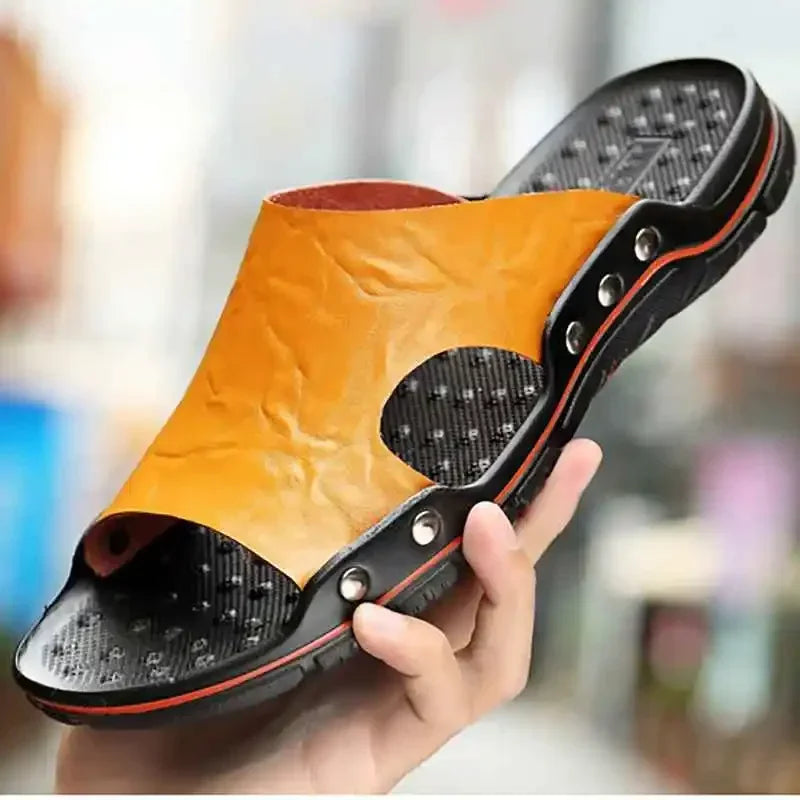 YRZL Mens Sandals PU Leather Classic Summer Men Slippers Soft Black Slippers Big Size Slippers Lightweight EVA Slides for Men