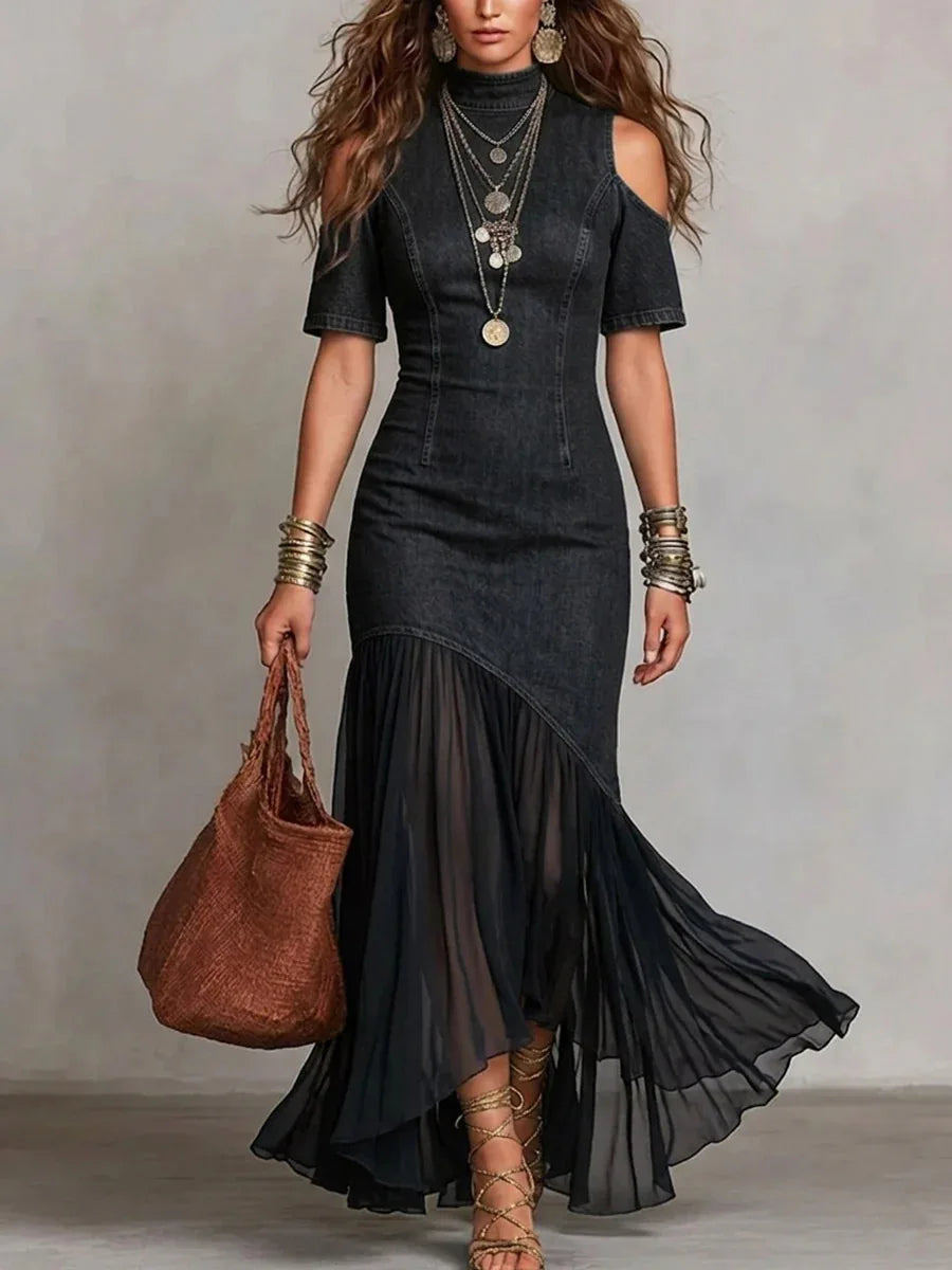 Women Elegant Denim Dress Short Sleeves Mock Neck Splicing Chiffon Pleated Dress Off-shoulder Vintage Casual Slim Long Dress