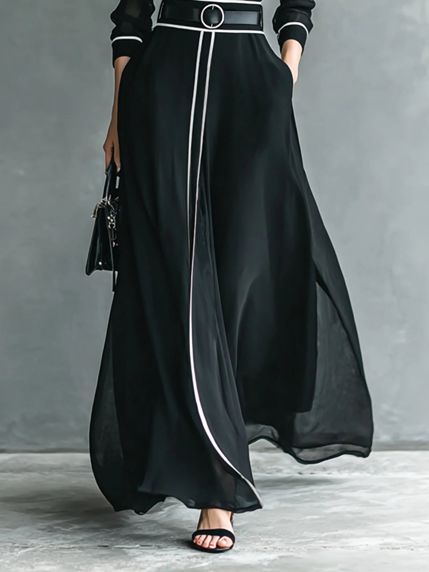 French Elegant Chiffon Maxi Dress, High Neck Long Sleeve with White Piping Trim, Ideal for Office, Business, Banquets & Parties