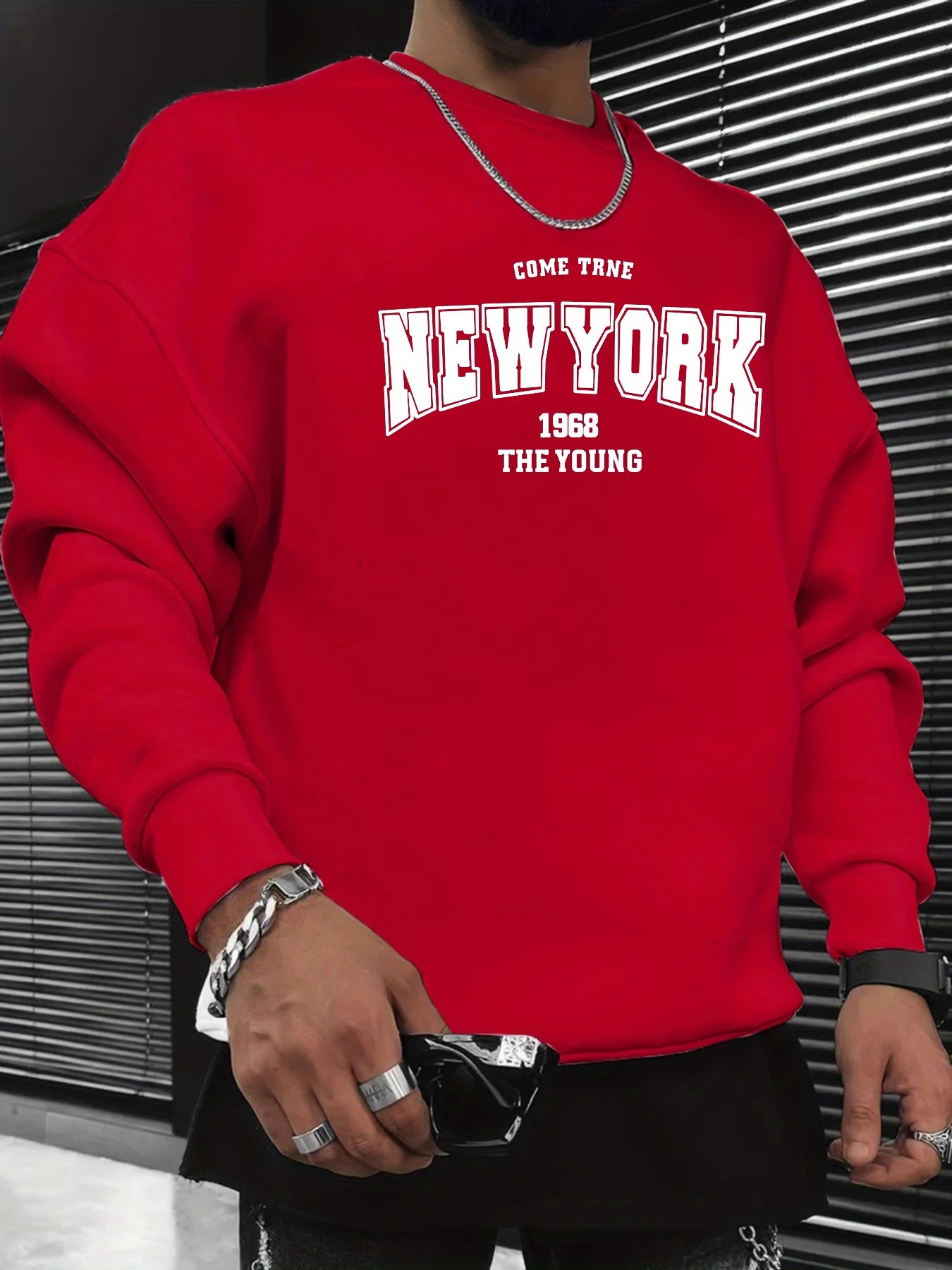 Men's autumn and winter fashionable casual loose New York letter graphic printed long sleeved round neck sweatshirt