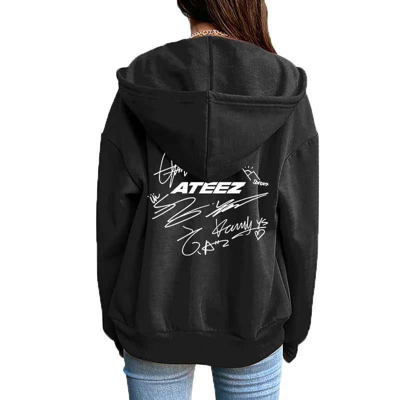 K-pop Fashion Hoodies for Women 2025 New Arrival Girls ATEEZ Signature Fans Zipper Jackets All Season Daily Casual Sports Coats